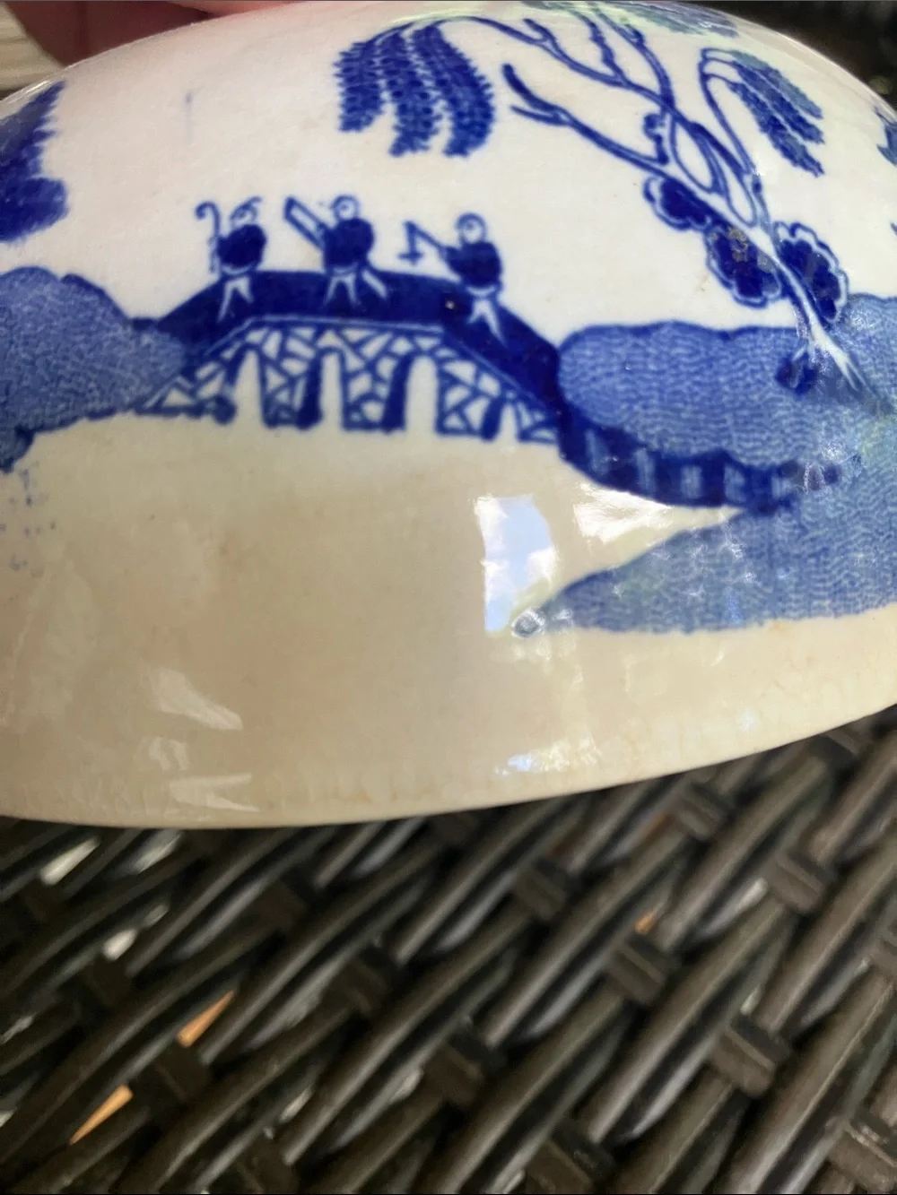 Antique Blue Willow Pagoda Butter Dish cover only stained no chips